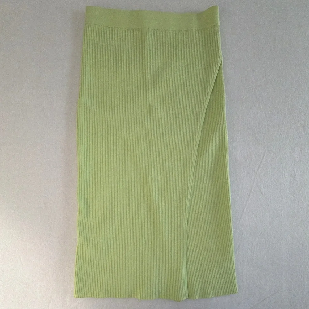 Jonathan Simkhai Jolene Pear Green Ribbed Knit Faux Wrap Slit Pencil Skirt Small